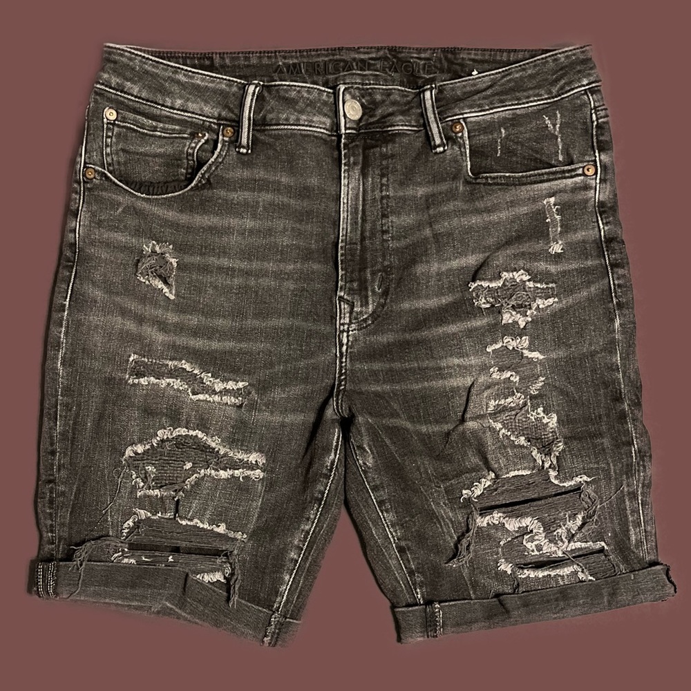 American Eagle AE AirFlex 9" Denim mens size 36 distressed black jean short